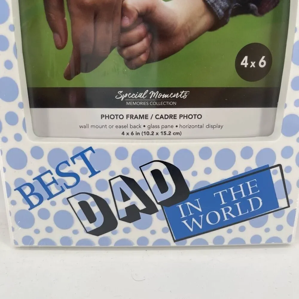 Best Dad in the World 4x6 Picture Frame White Blue Dots Wall or Tabletop NIB